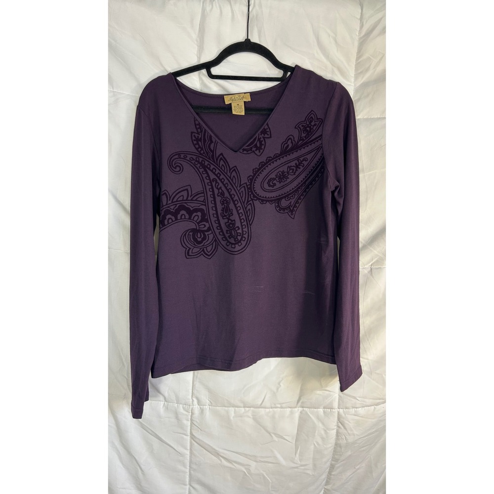 Peck & Peck Purple Paisley V-Neck Long Sleeve Tee